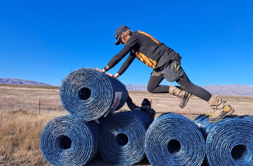 Wallaby fencing - Luke Longley of Cleaver Excavations rolls out the first of the wallaby proof fence netting -image 2